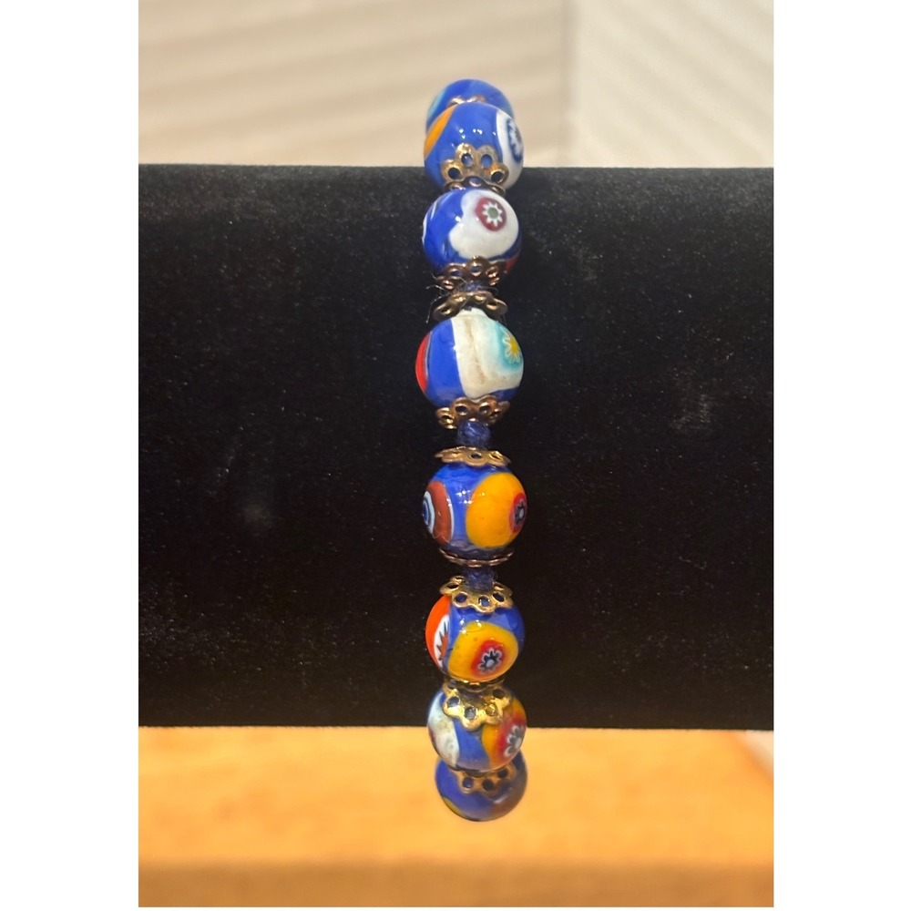 Vintage Murano Millefiori Glass Bead Bracelet Evil Eye Floral Lampwork 7"